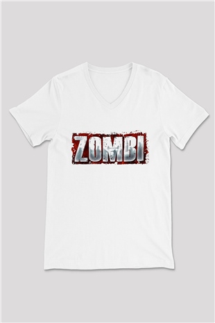 Zombi Beyaz Unisex V Yaka Tişört T-Shirt