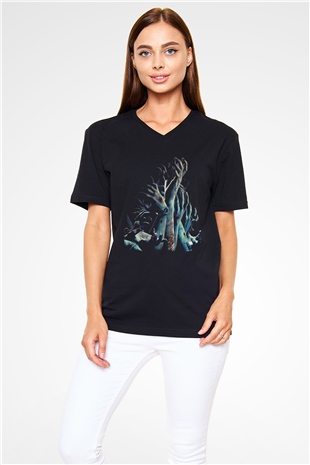 Zombi Siyah Unisex V Yaka Tişört