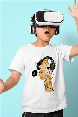 Zürafa Baskılı Unisex Beyaz  Çocuk Tişört