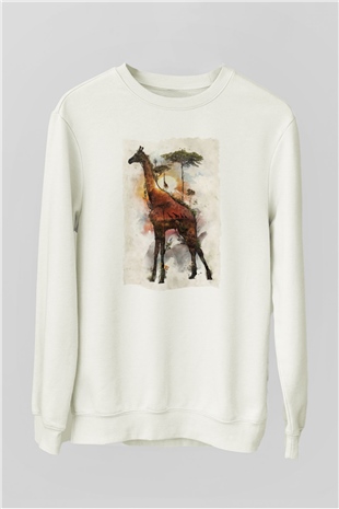 Zürafa Baskılı Unisex Beyaz  Sweatshirt