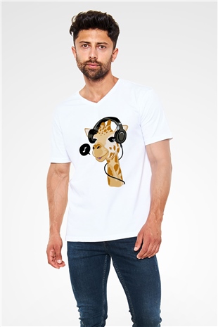Zürafa Baskılı Unisex Beyaz  V Yaka Tişört