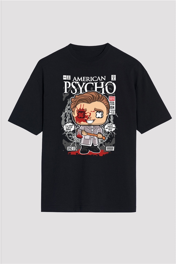 American Psyco Baskılı Unisex Siyah Oversize Tişört