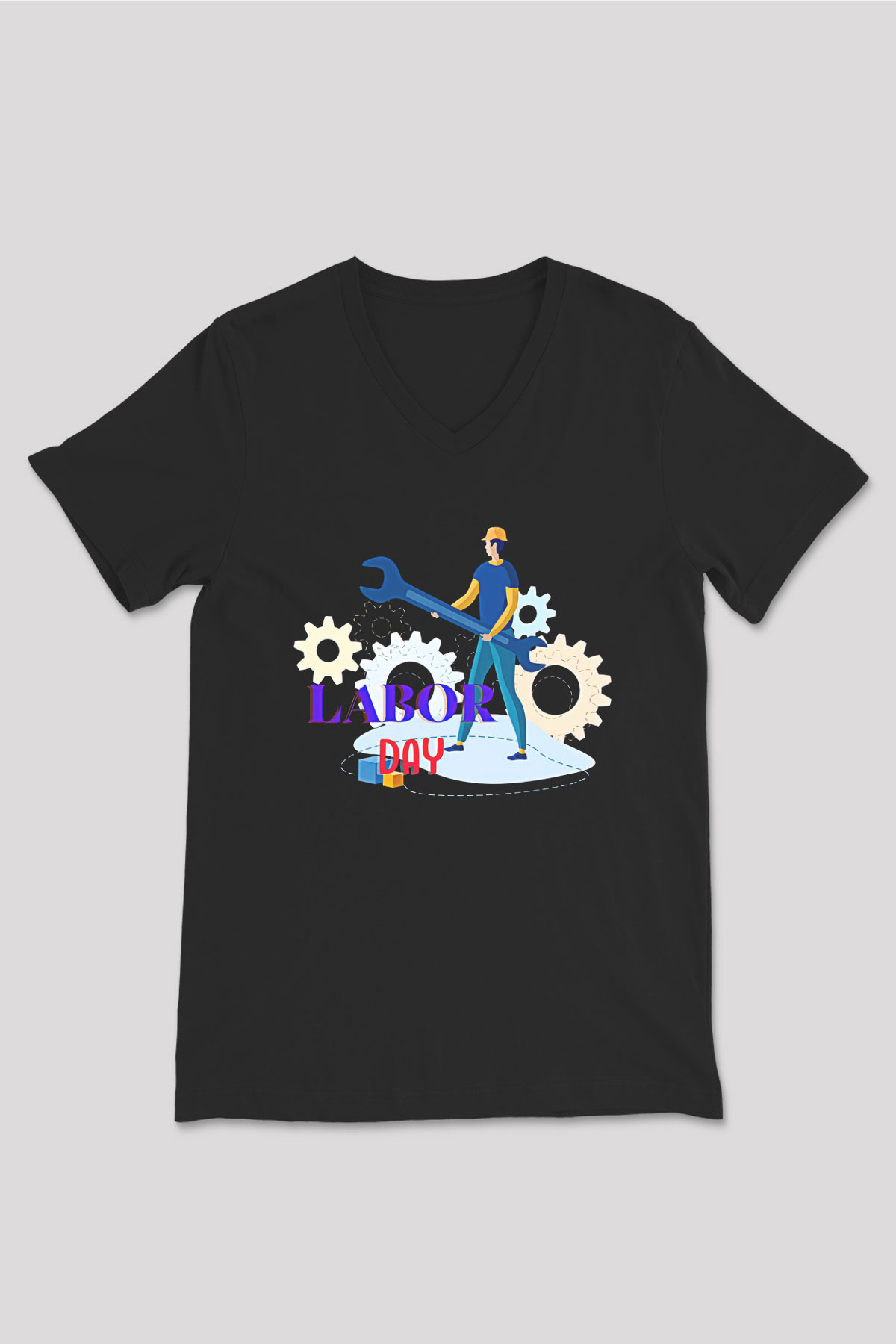 1 Mayıs Baskılı Unisex Siyah V Yaka Tişört - Tshirt