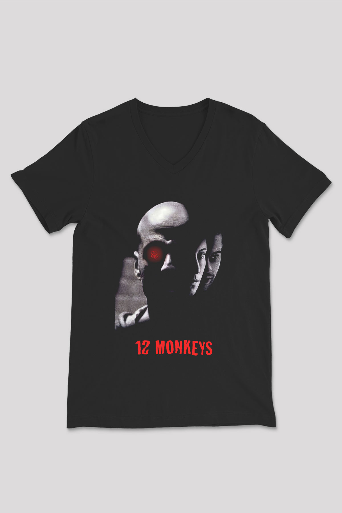 12 Maymun (12 Monkeys) Baskılı Unisex Siyah V Yaka Tişört - Tshirt