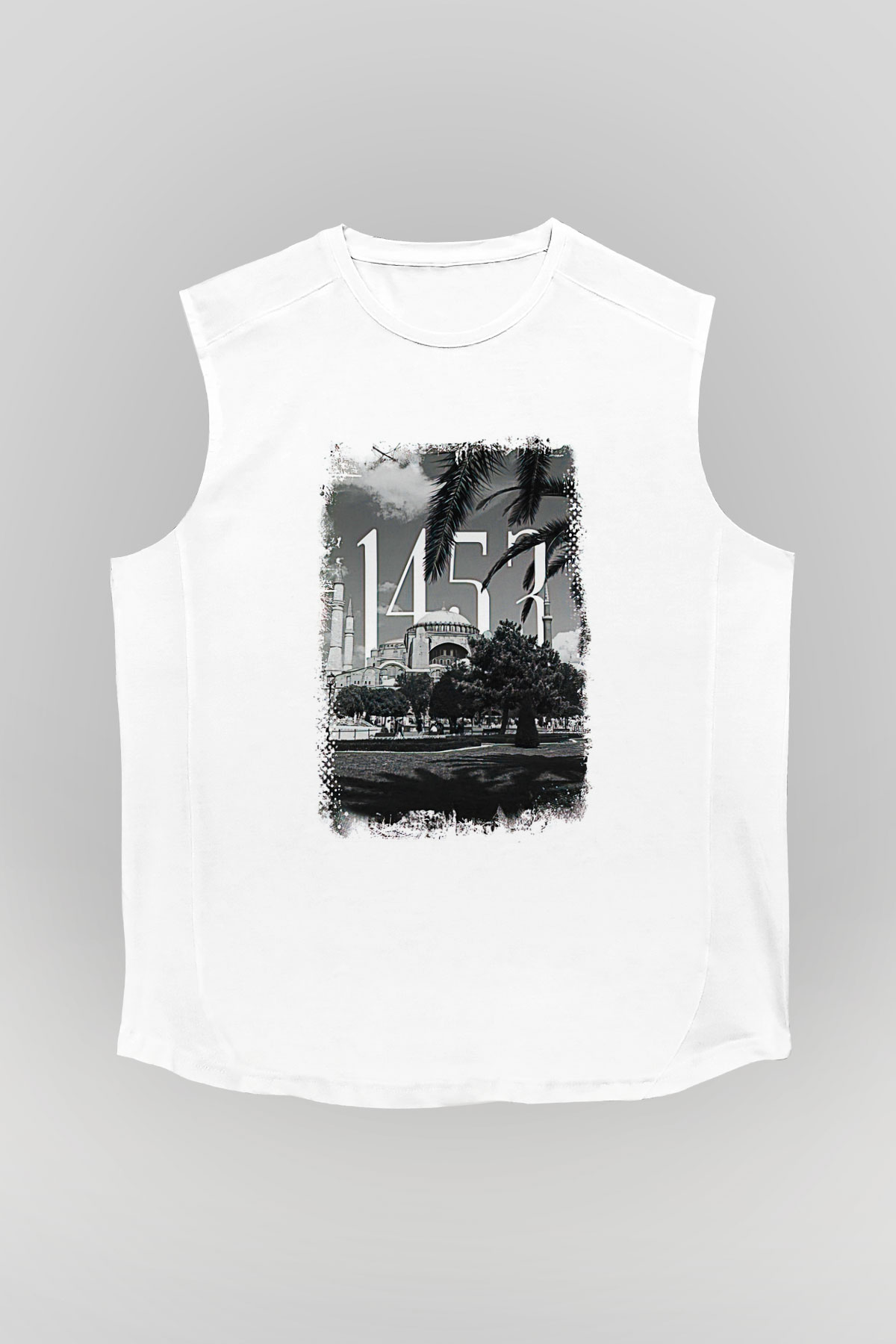 1453 Baskılı Beyaz Unisex Kolsuz Tişört - Tshirt
