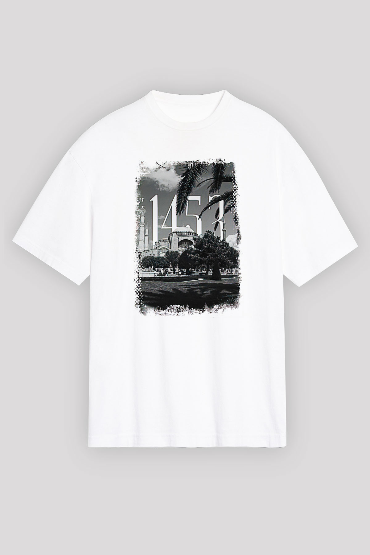 1453 Baskılı Beyaz Unisex Oversize Tişört - Tshirt