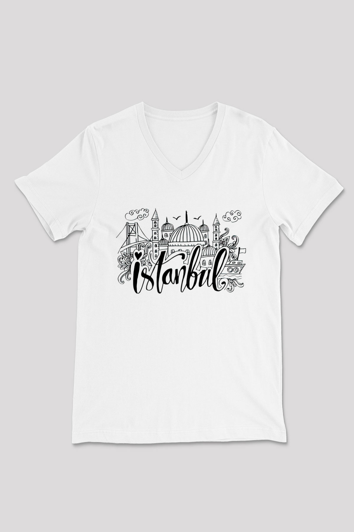 1453 Baskılı Beyaz Unisex V Yaka Tişört - Tshirt