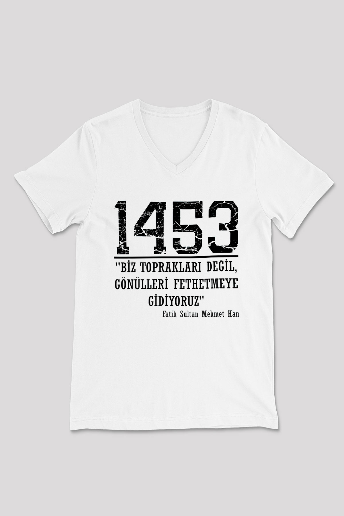 1453 Baskılı Beyaz Unisex V Yaka Tişört - Tshirt