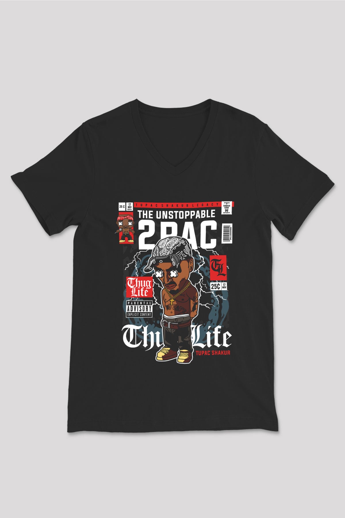 2 Pac Baskılı Unisex Siyah V Yaka Tişört