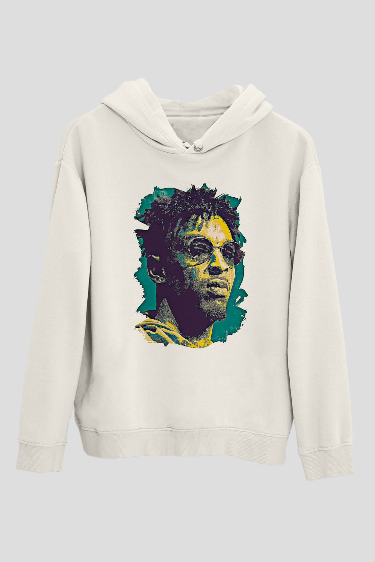 21 Savage Baskılı Beyaz Unisex Kapüşonlu Sweatshirt