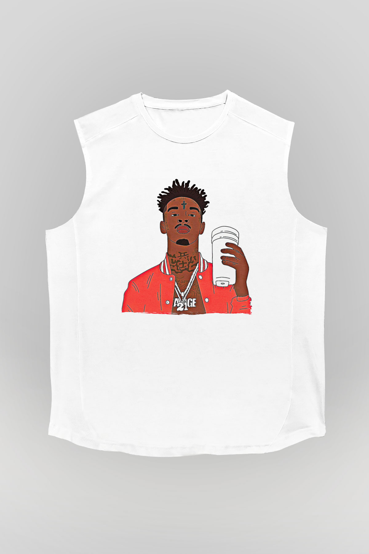 21 Savage Baskılı Beyaz Unisex Kolsuz Tişört - Tshirt