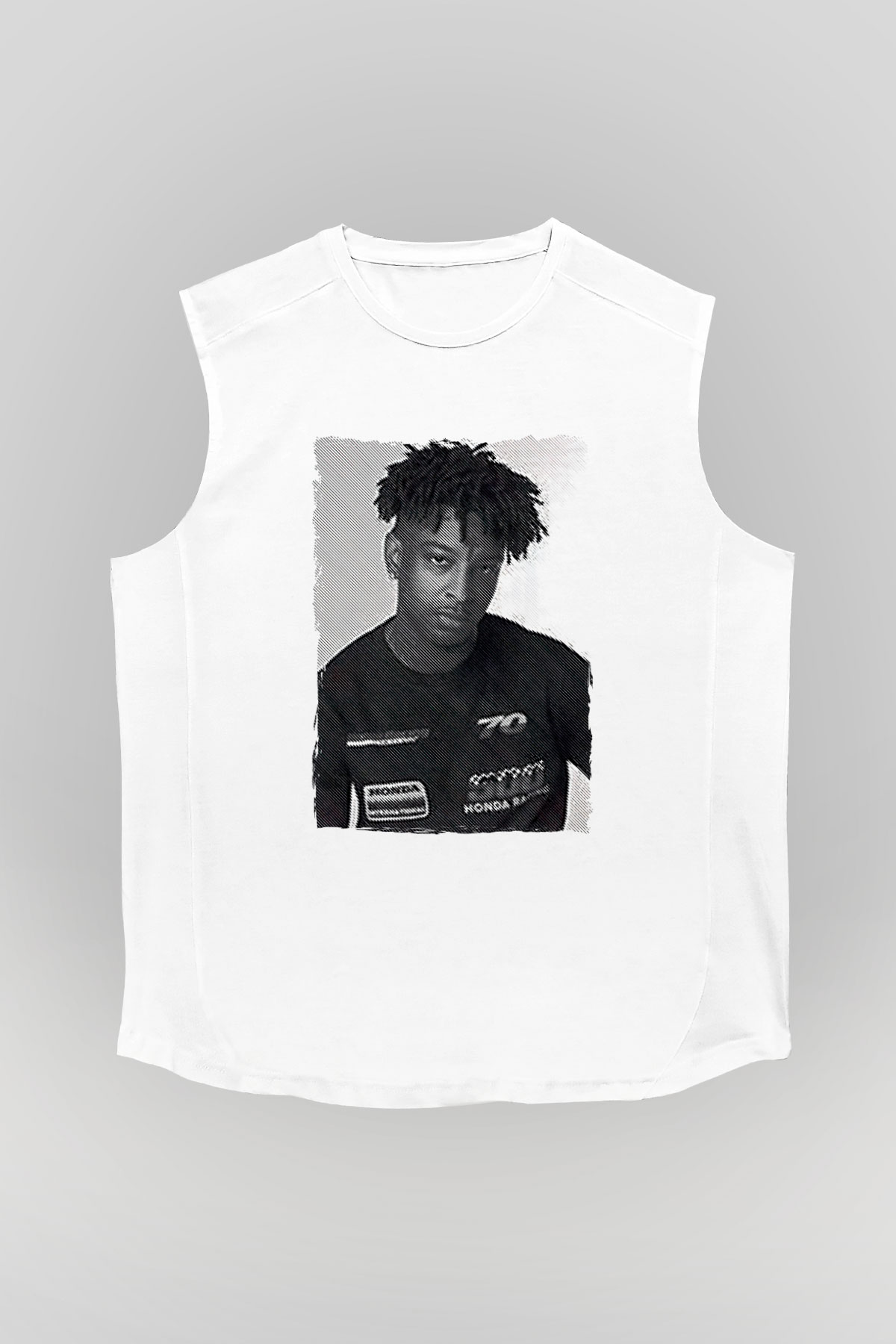 21 Savage Baskılı Beyaz Unisex Kolsuz Tişört - Tshirt