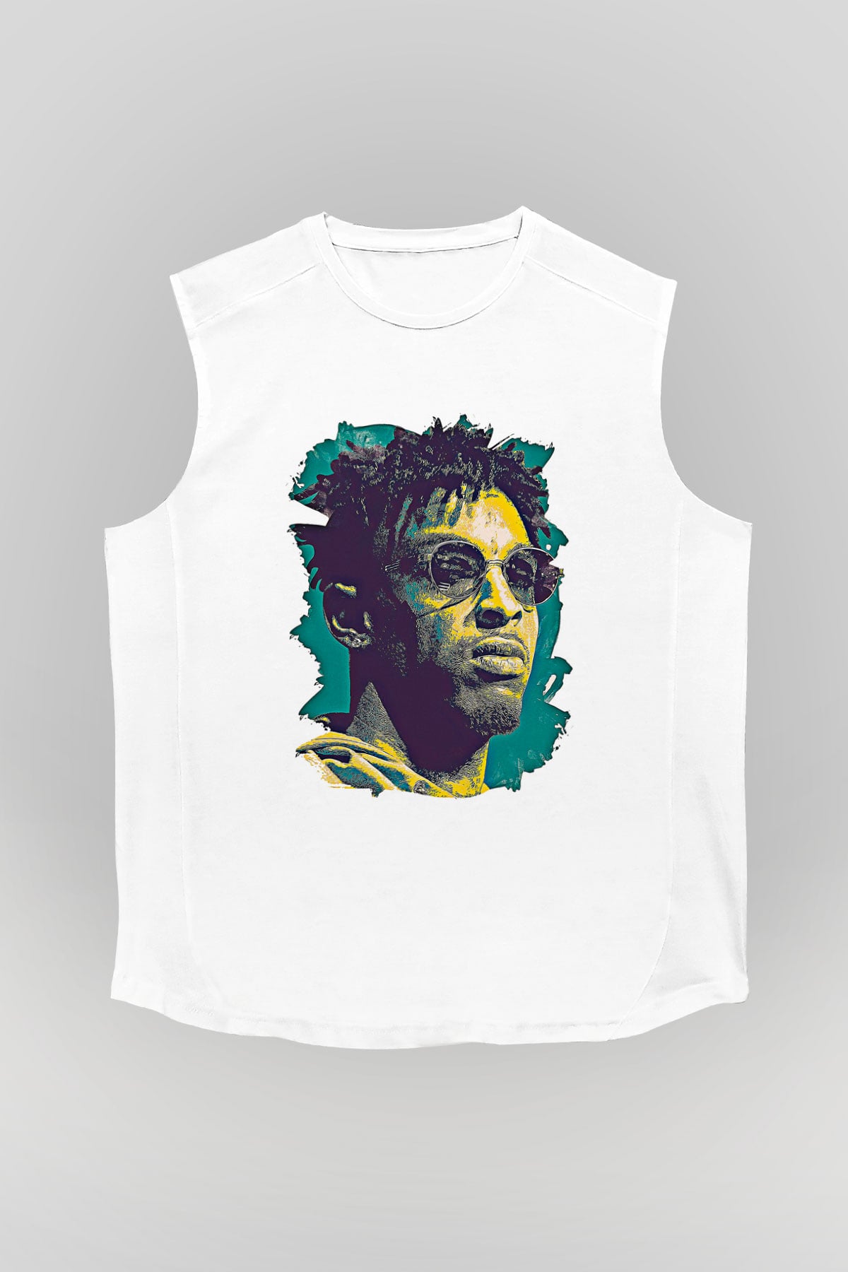 21 Savage Baskılı Beyaz Unisex Kolsuz Tişört - Tshirt