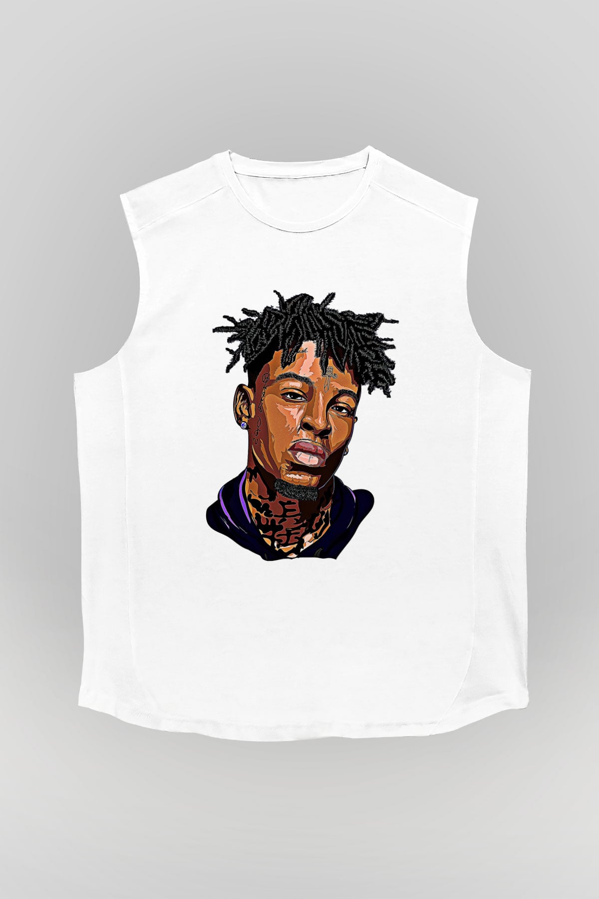 21 Savage Baskılı Beyaz Unisex Kolsuz Tişört - Tshirt