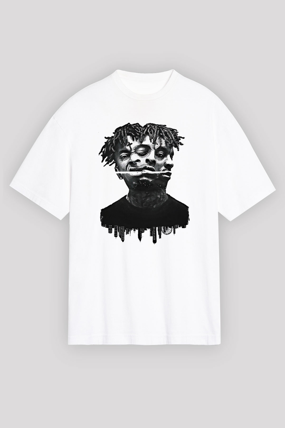 21 Savage Baskılı Beyaz Unisex Oversize Tişört - Tshirt