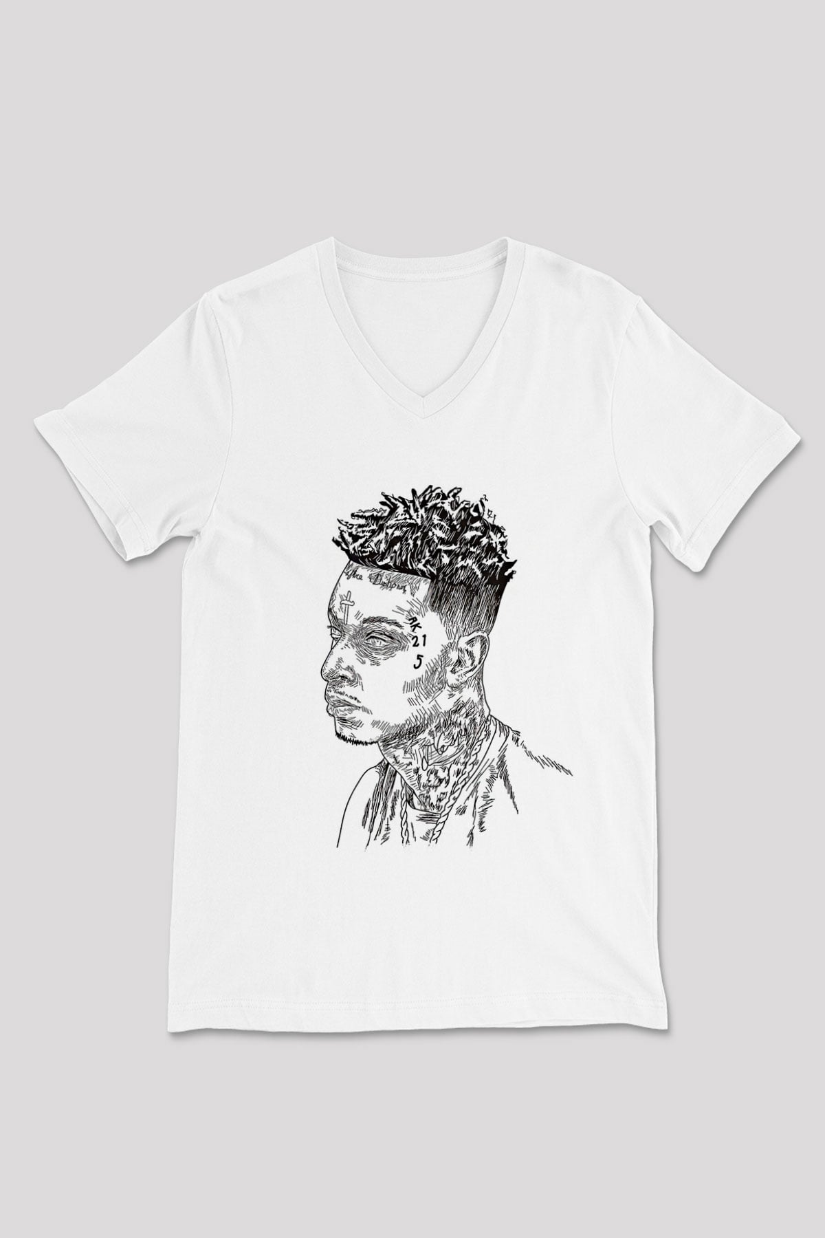 21 Savage Baskılı Beyaz Unisex V Yaka Tişört - Tshirt