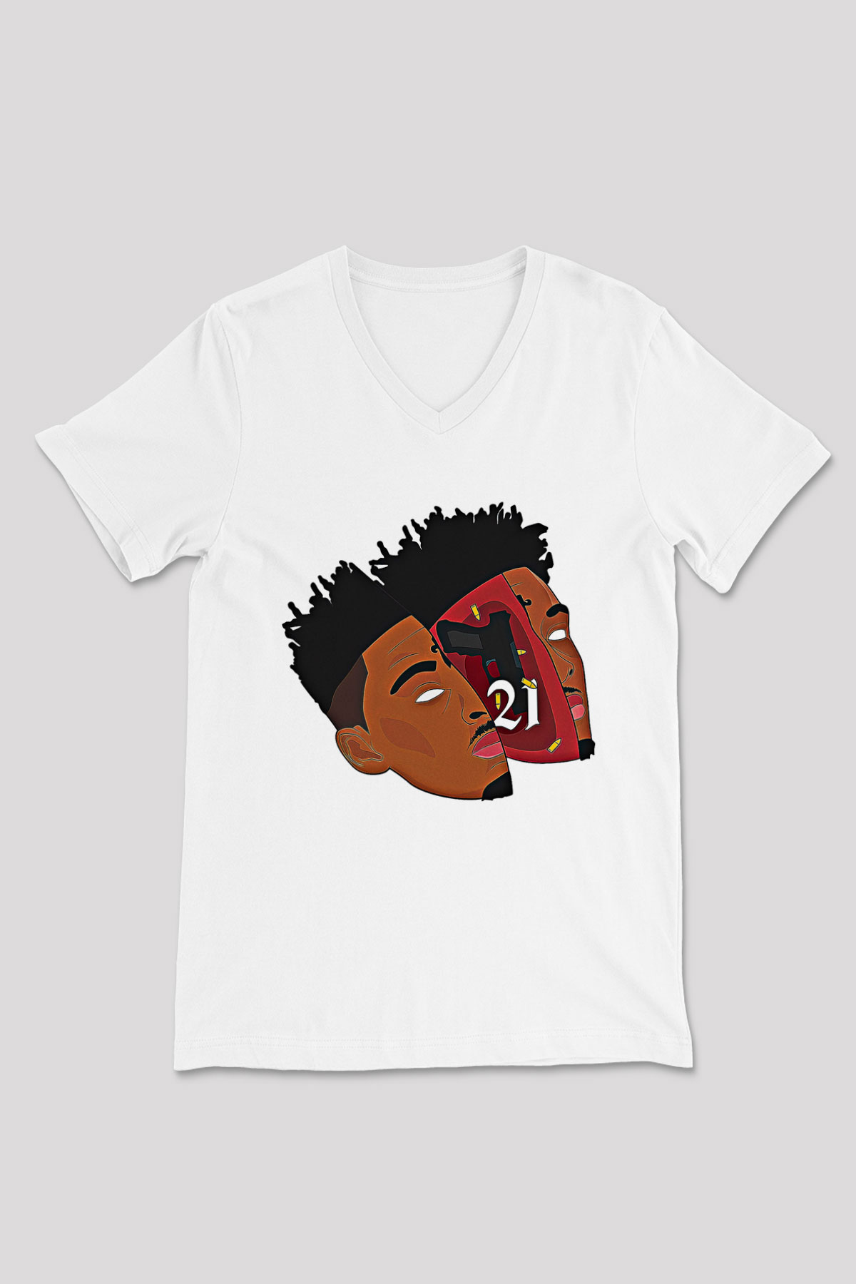 21 Savage Baskılı Beyaz Unisex V Yaka Tişört - Tshirt