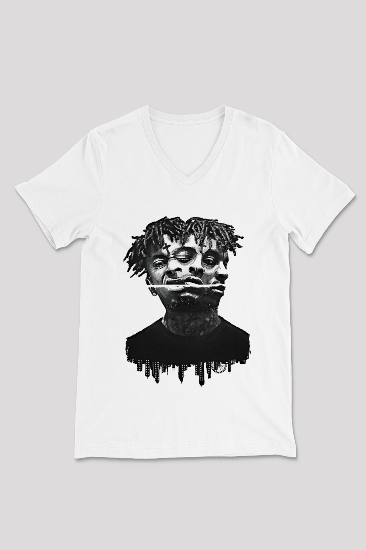 21 Savage Baskılı Beyaz Unisex V Yaka Tişört - Tshirt
