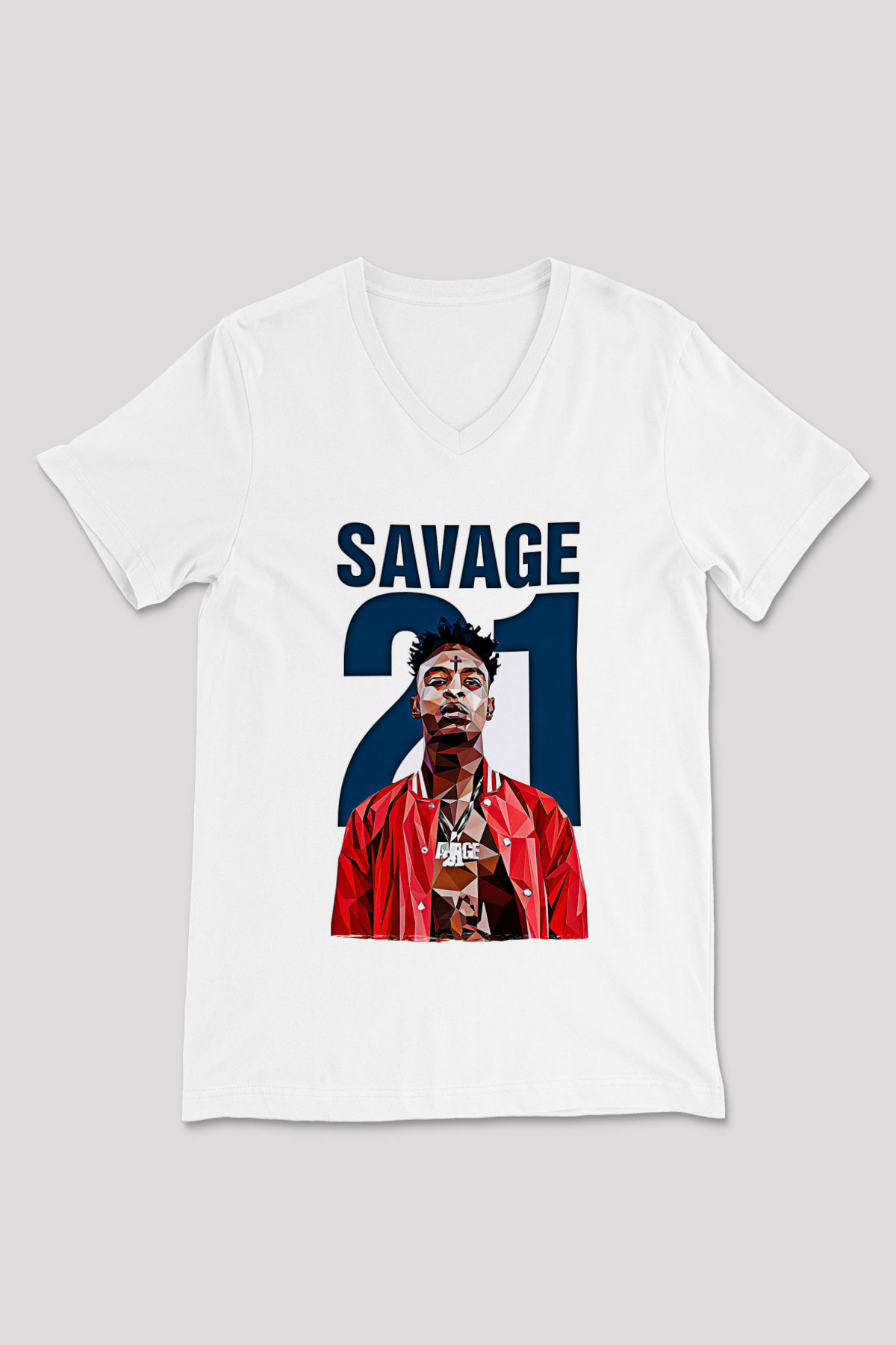 21 Savage Baskılı Beyaz Unisex V Yaka Tişört - Tshirt