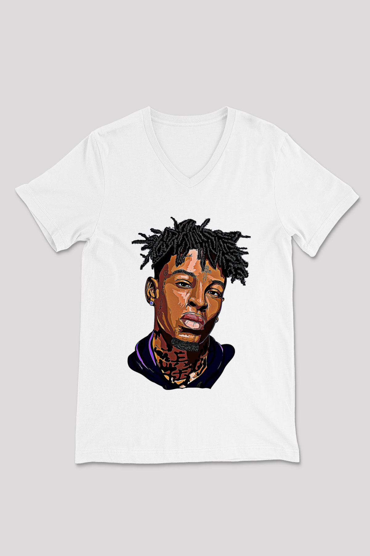 21 Savage Baskılı Beyaz Unisex V Yaka Tişört - Tshirt