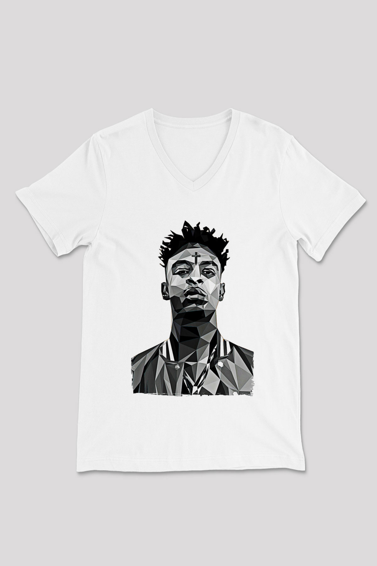 21 Savage Baskılı Beyaz Unisex V Yaka Tişört - Tshirt