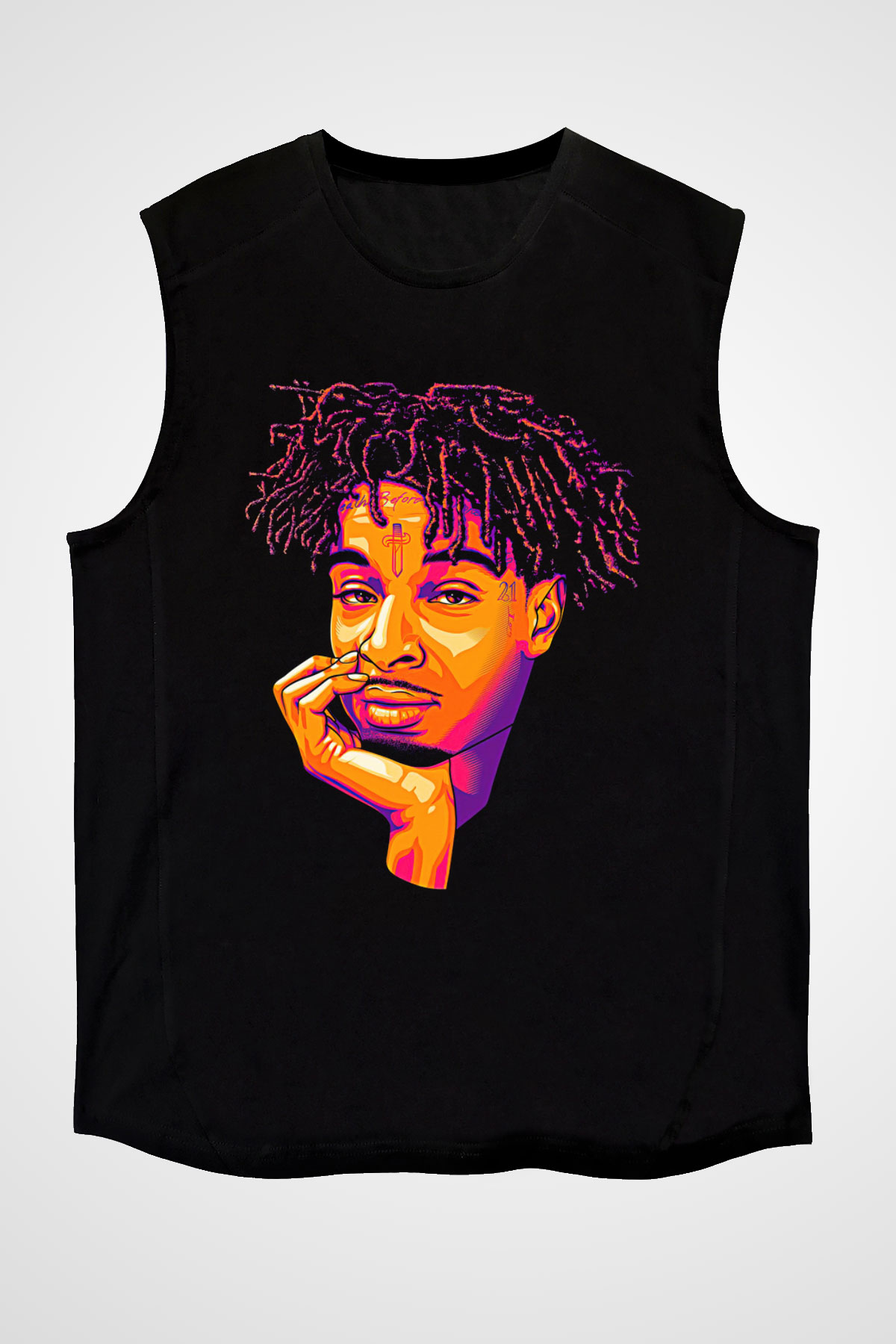 21 Savage Baskılı Unisex Siyah Kolsuz Tişört - Tshirt