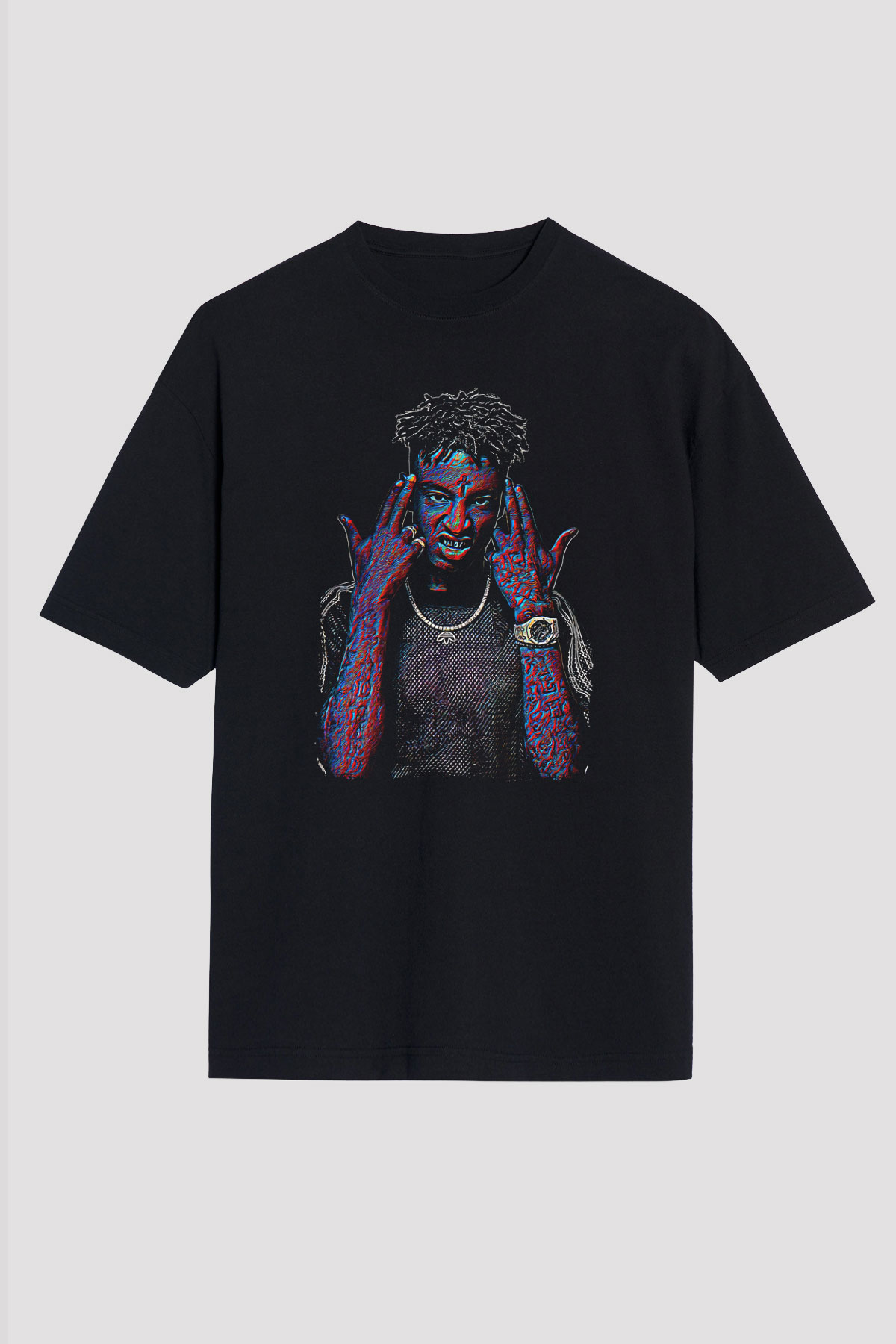 21 Savage Baskılı Unisex Siyah Oversize Tişört - Tshirt