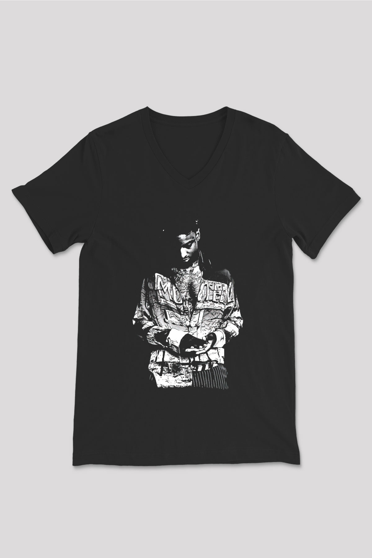 21 Savage Baskılı Unisex Siyah V Yaka Tişört - Tshirt