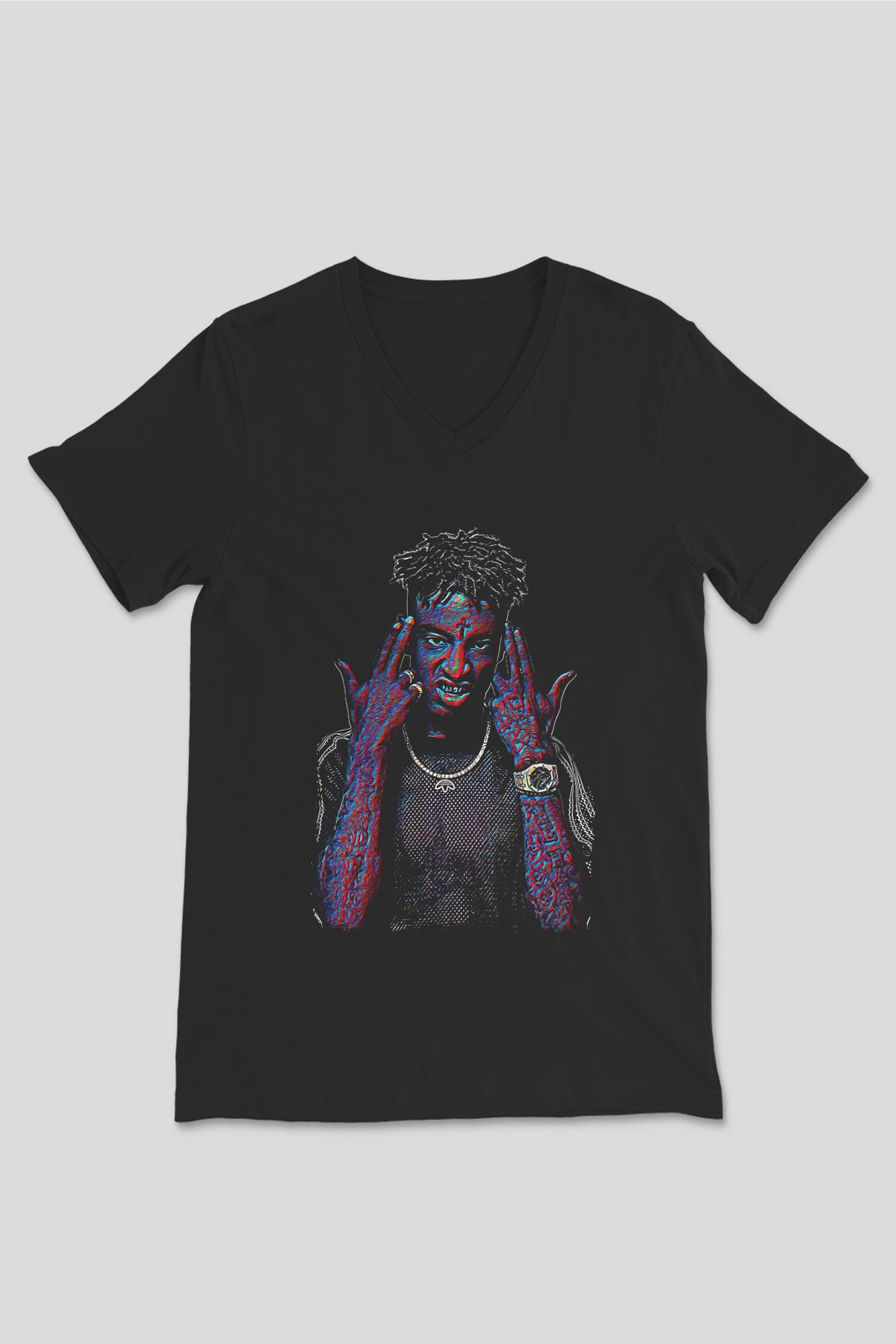21 Savage Baskılı Unisex Siyah V Yaka Tişört - Tshirt
