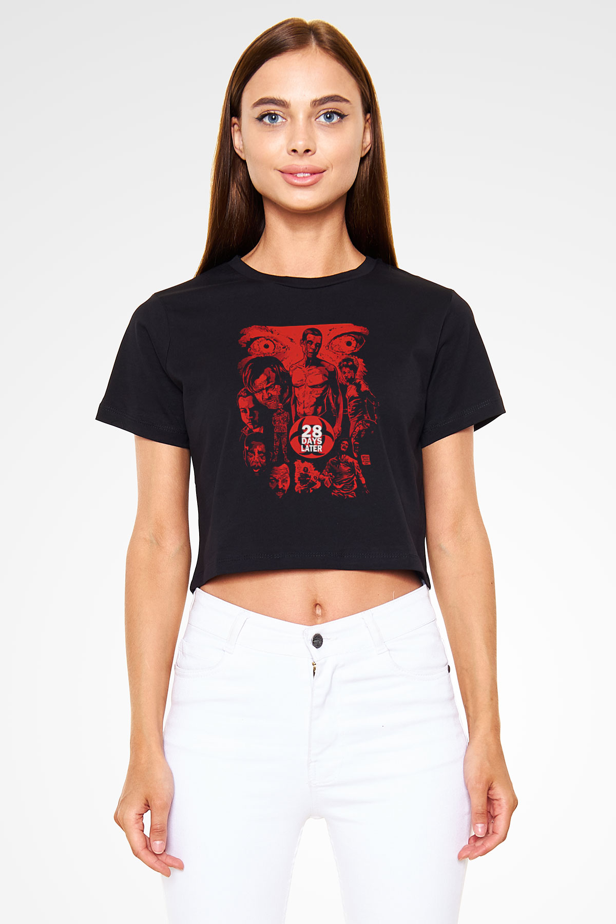28 Days Later Baskılı Siyah Crop Top Kadın Tişört - Tshirt