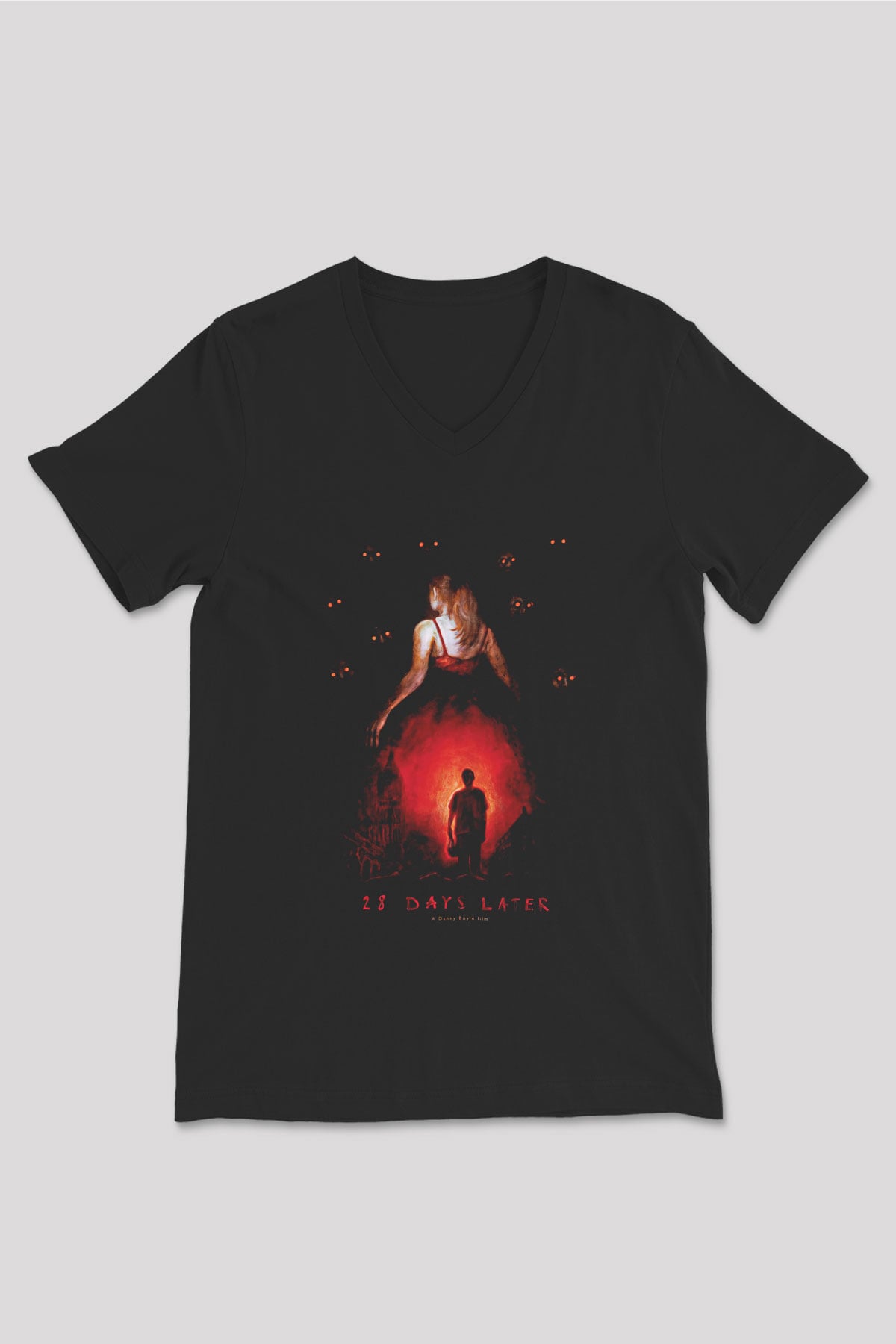 28 Days Later Baskılı Unisex Siyah V Yaka Tişört - Tshirt