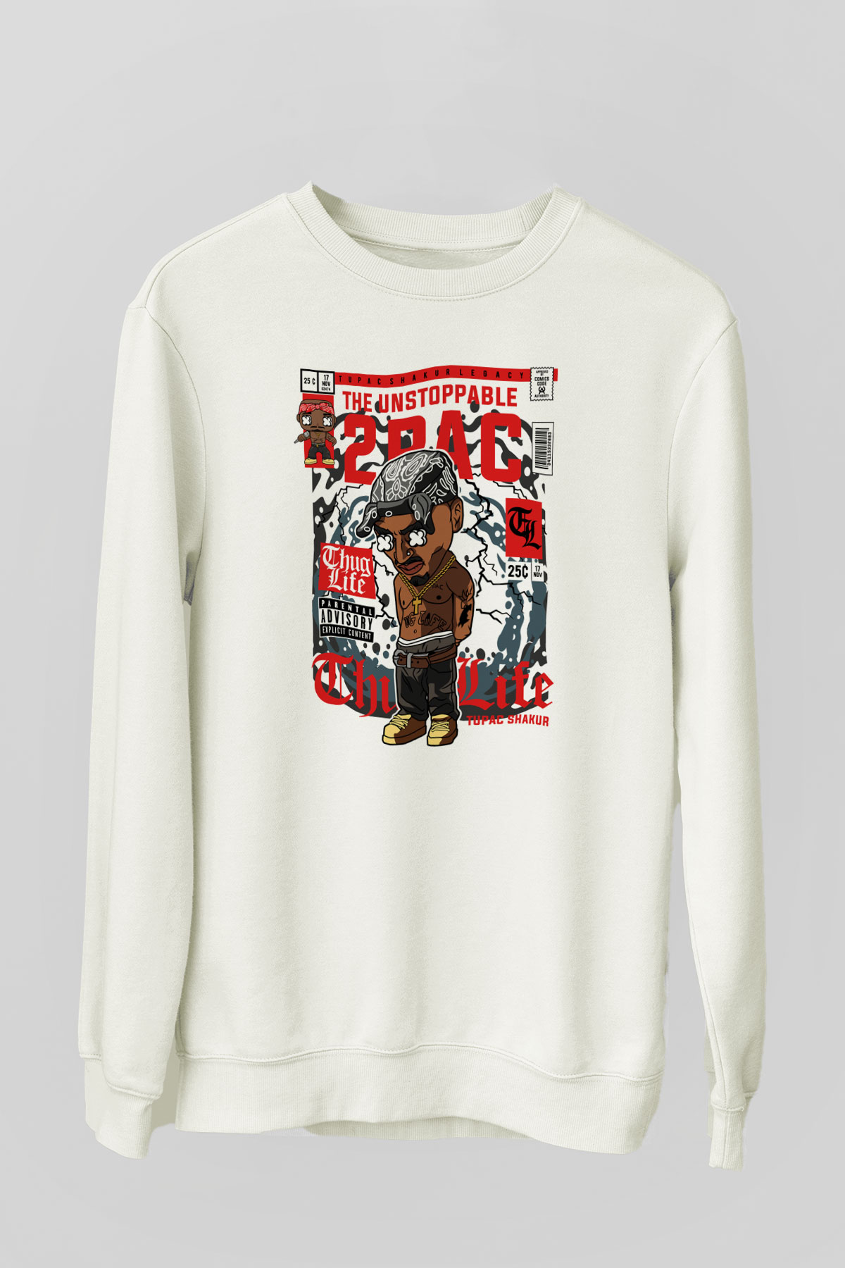 2PAC Baskılı Unisex Beyaz Sweatshirt