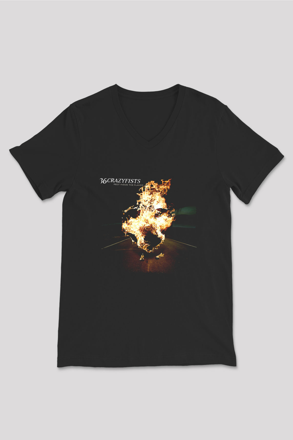 36 Crazyfists Baskılı Unisex Siyah V Yaka Tişört - Tshirt