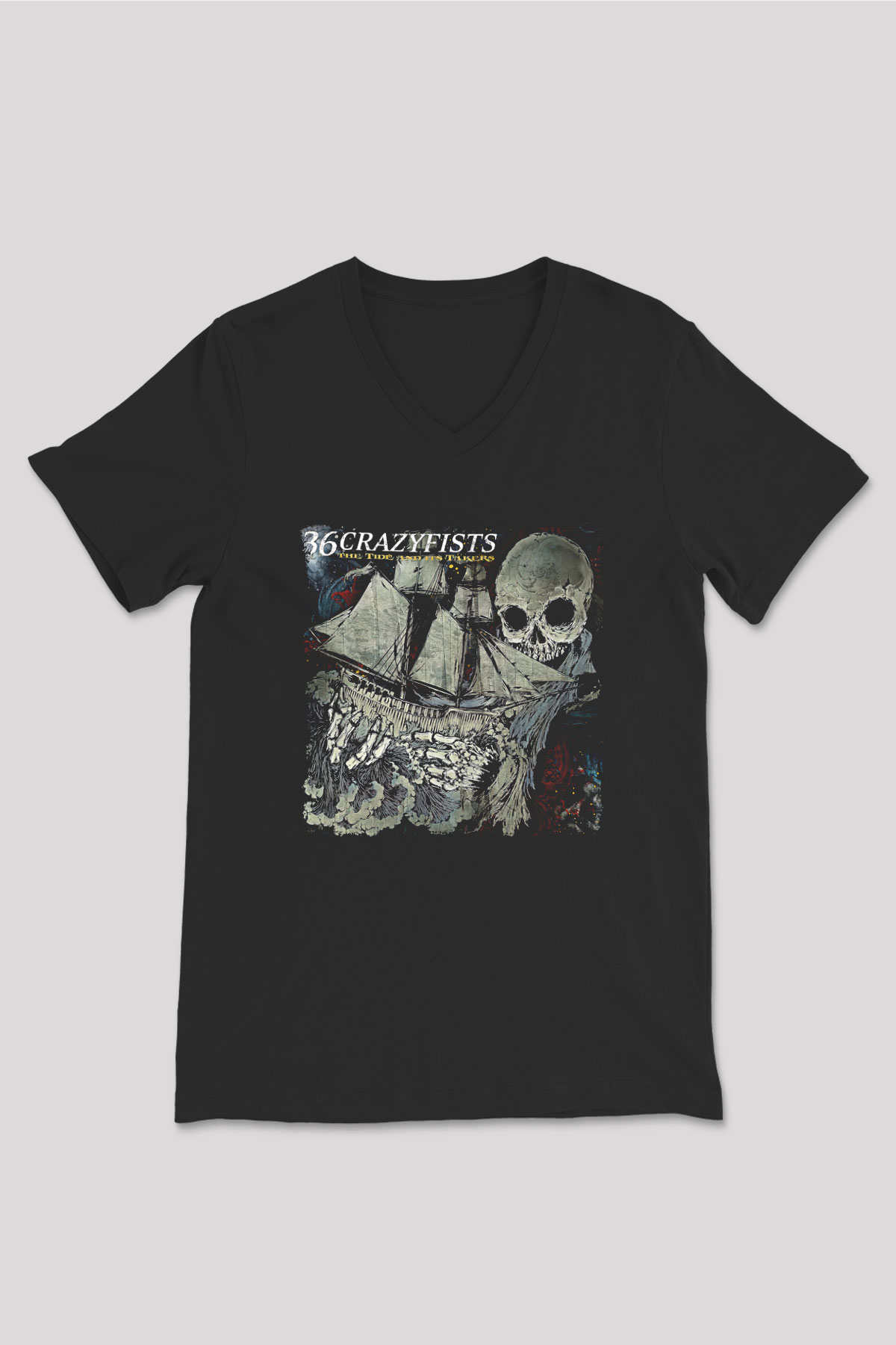 36 Crazyfists Baskılı Unisex Siyah V Yaka Tişört - Tshirt