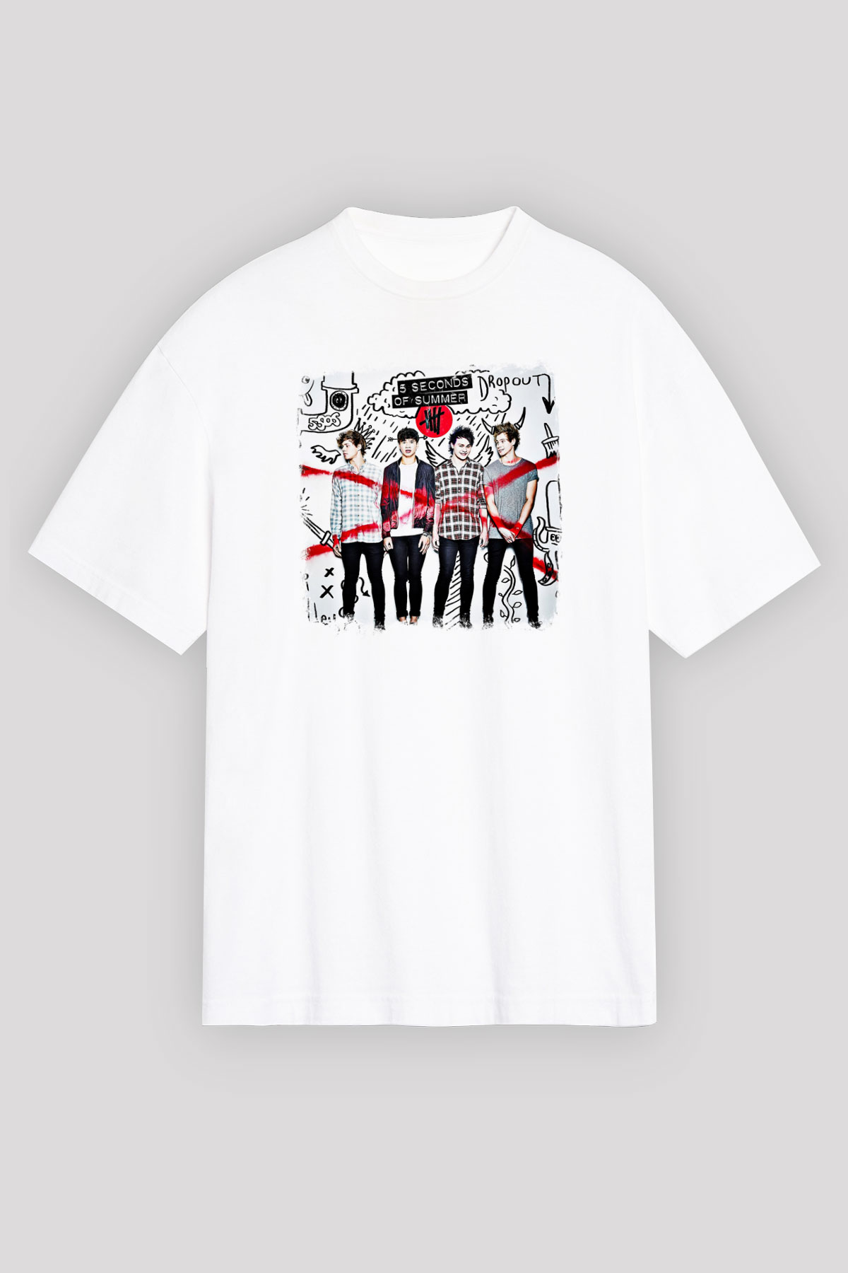 5 Seconds Of Summer Baskılı Unisex Beyaz Oversize Tişört