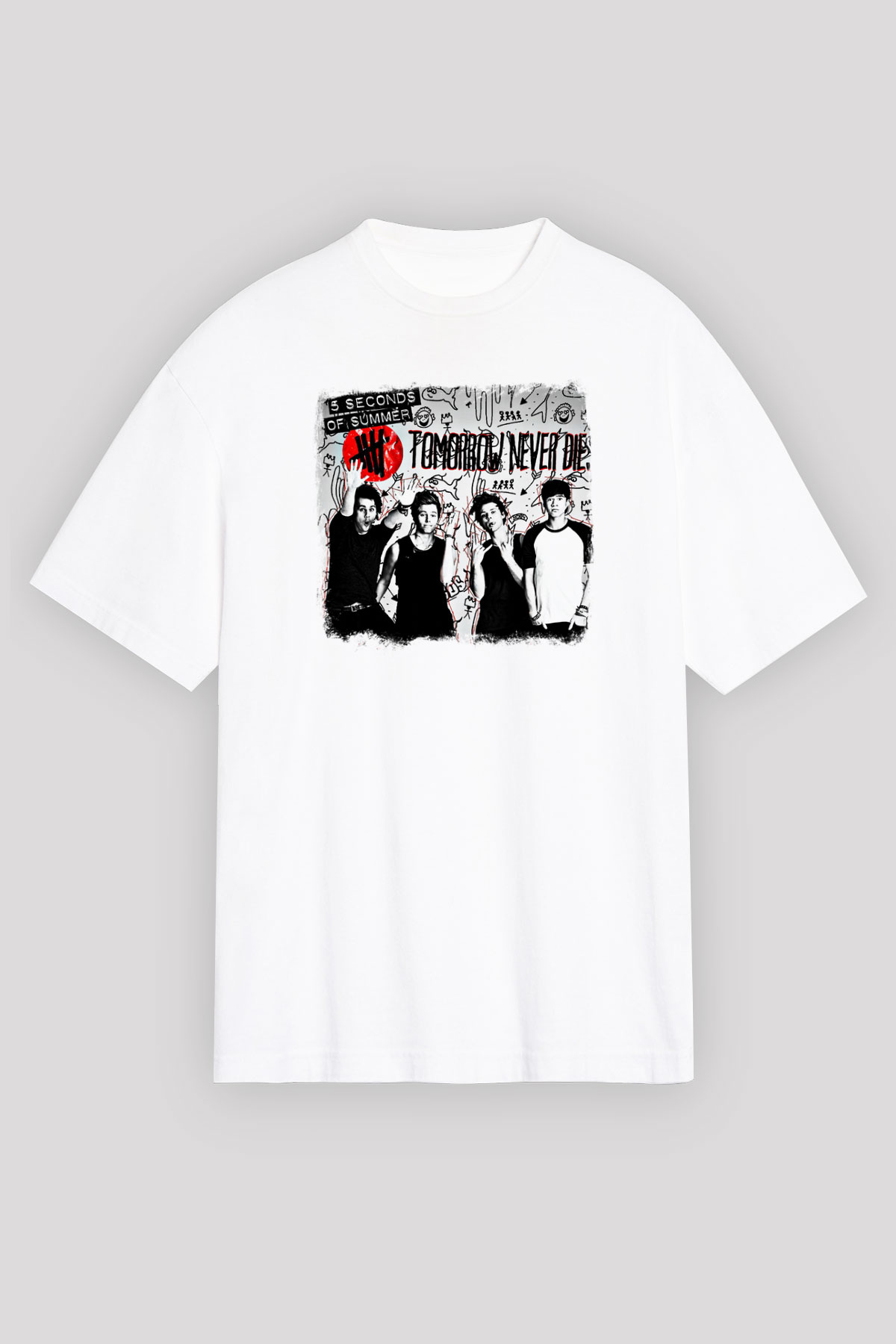 5 Seconds Of Summer Baskılı Unisex Beyaz Oversize Tişört