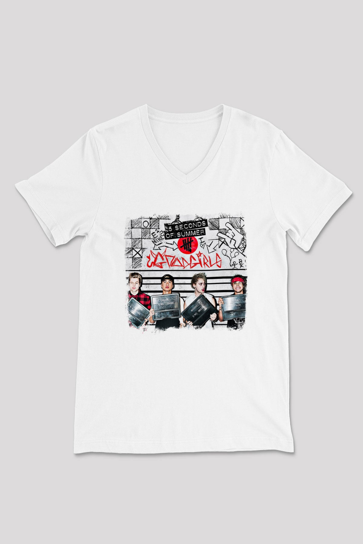 5 Seconds Of Summer Baskılı Unisex Beyaz V Yaka Tişört