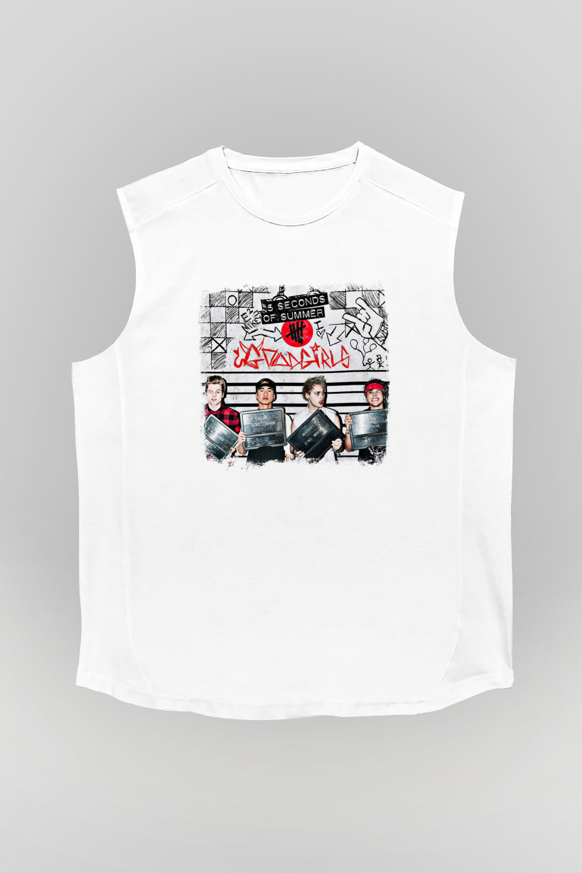 5 Seconds Of Summer Baskılı Unisex Beyaz Kolsuz Tişört