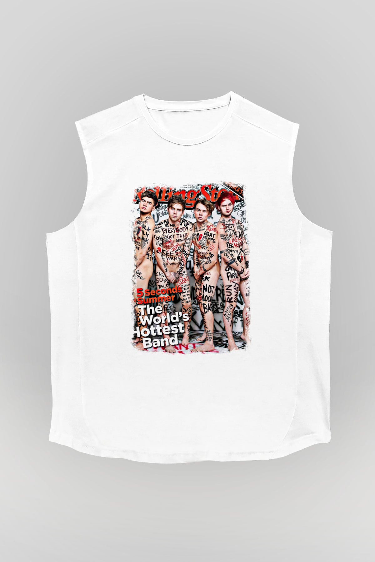 5 Seconds Of Summer Baskılı Unisex Beyaz Kolsuz Tişört