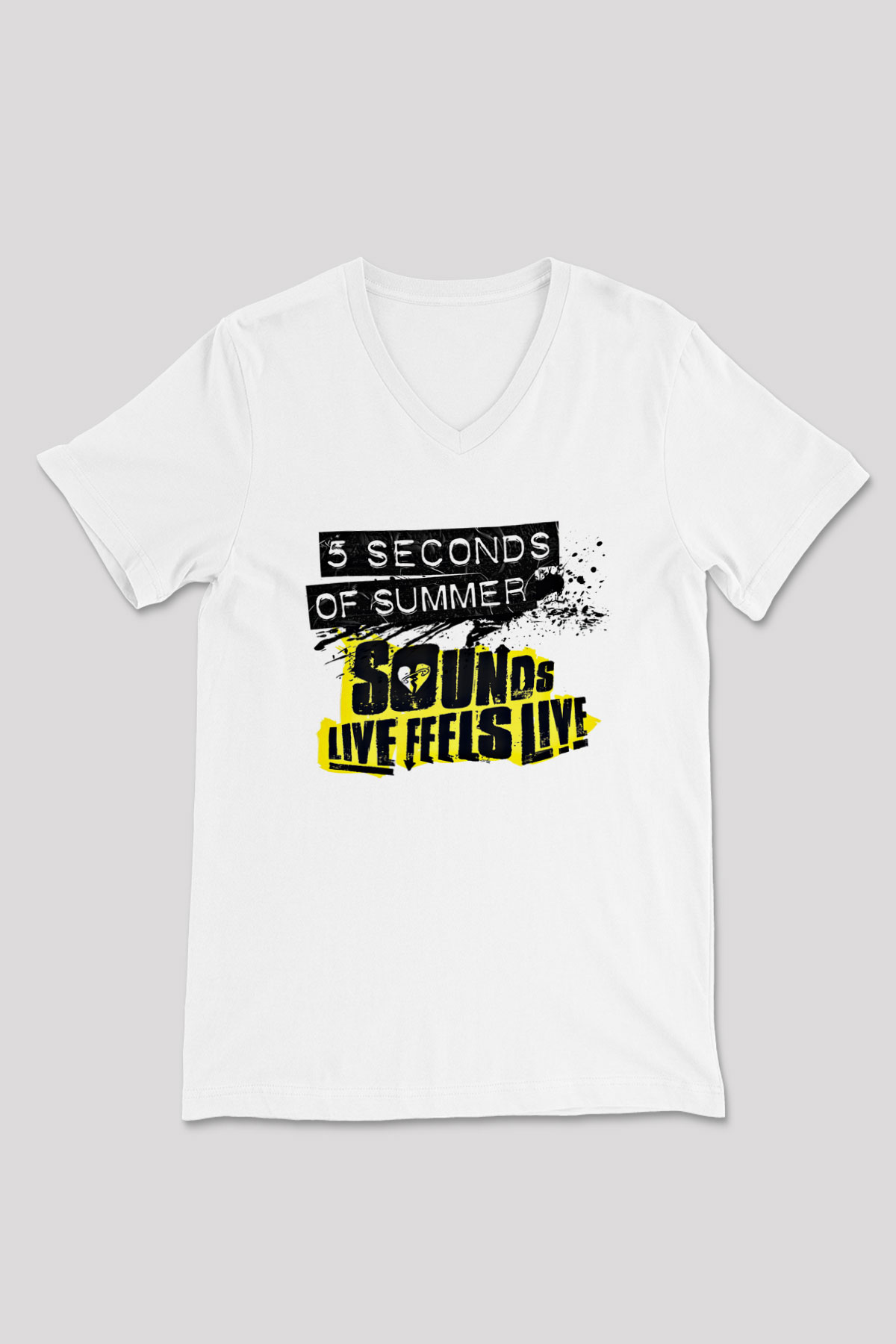 5 Seconds Of Summer Baskılı Unisex Beyaz V Yaka Tişört