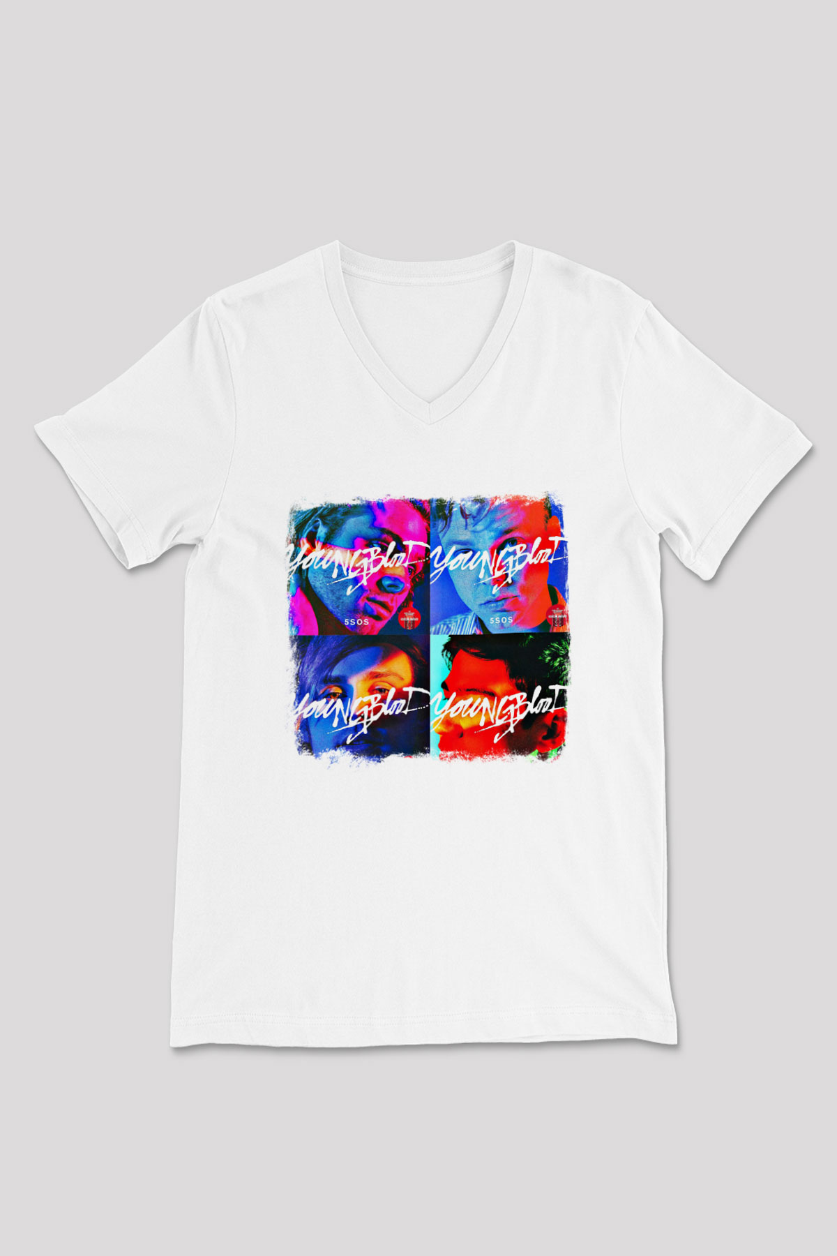 5 Seconds Of Summer Baskılı Unisex Beyaz V Yaka Tişört