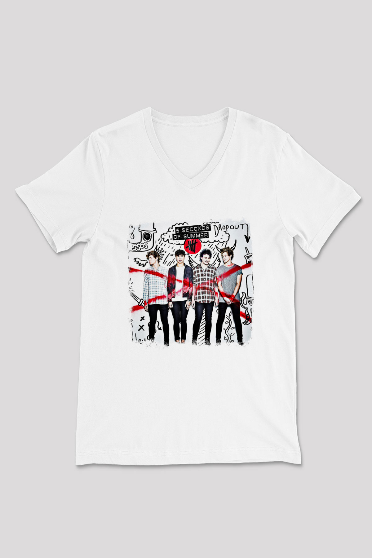 5 Seconds Of Summer Baskılı Unisex Beyaz V Yaka Tişört
