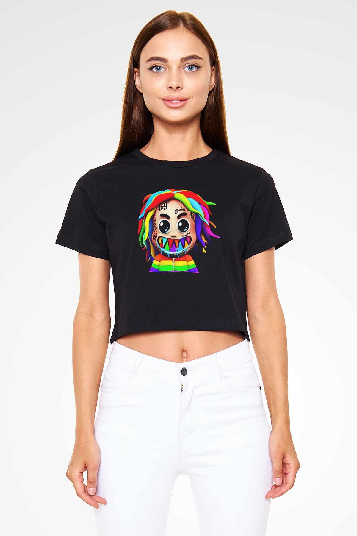 6ix9ine Baskılı Siyah Crop Top Kadın Tişört - Tshirt
