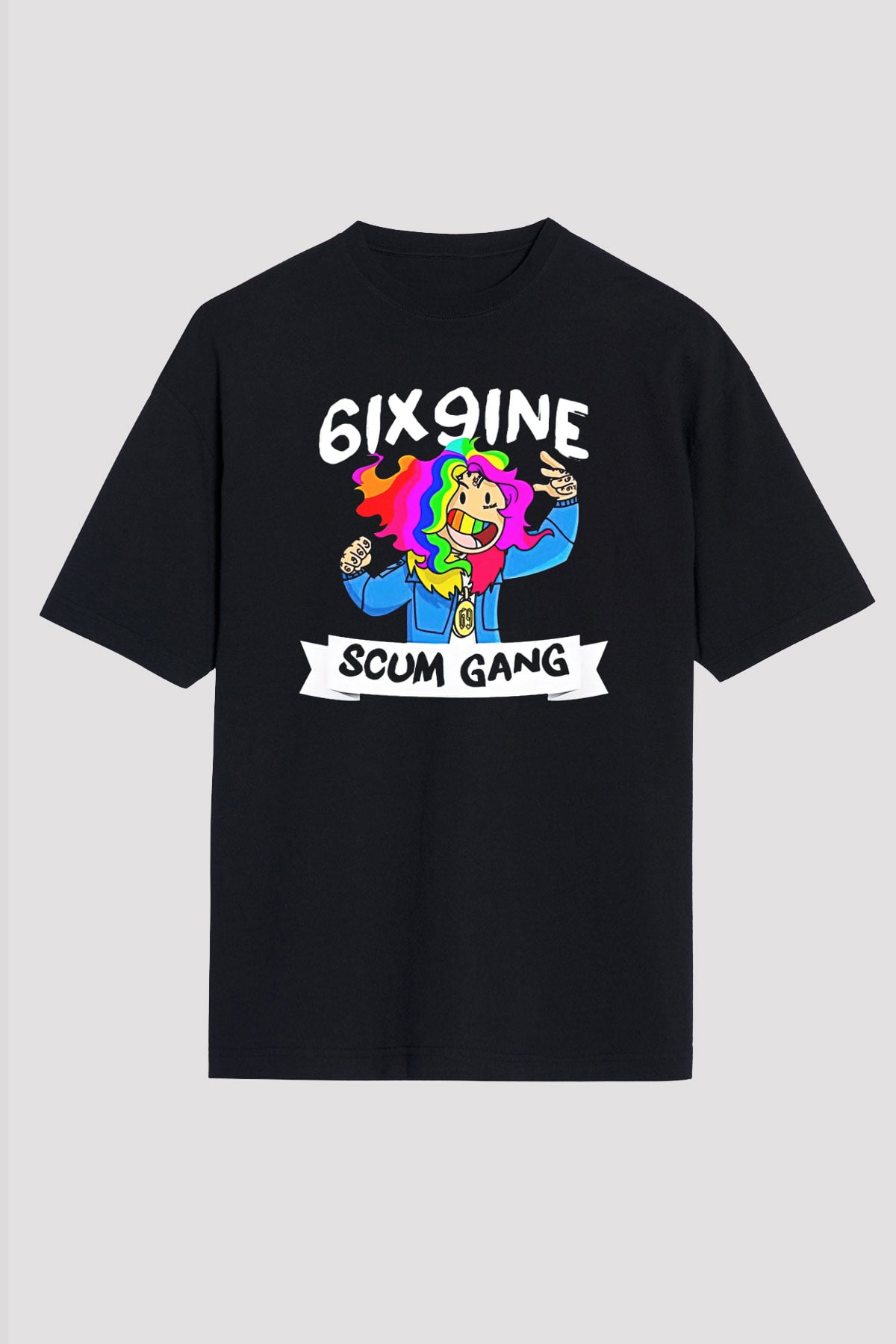 6ix9ine Baskılı Unisex Siyah Oversize Tişört - Tshirt