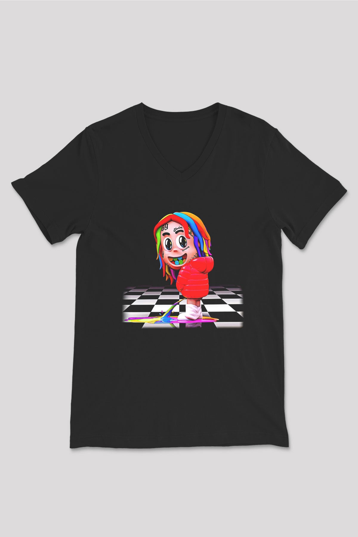 6ix9ine Baskılı Unisex Siyah V Yaka Tişört - Tshirt