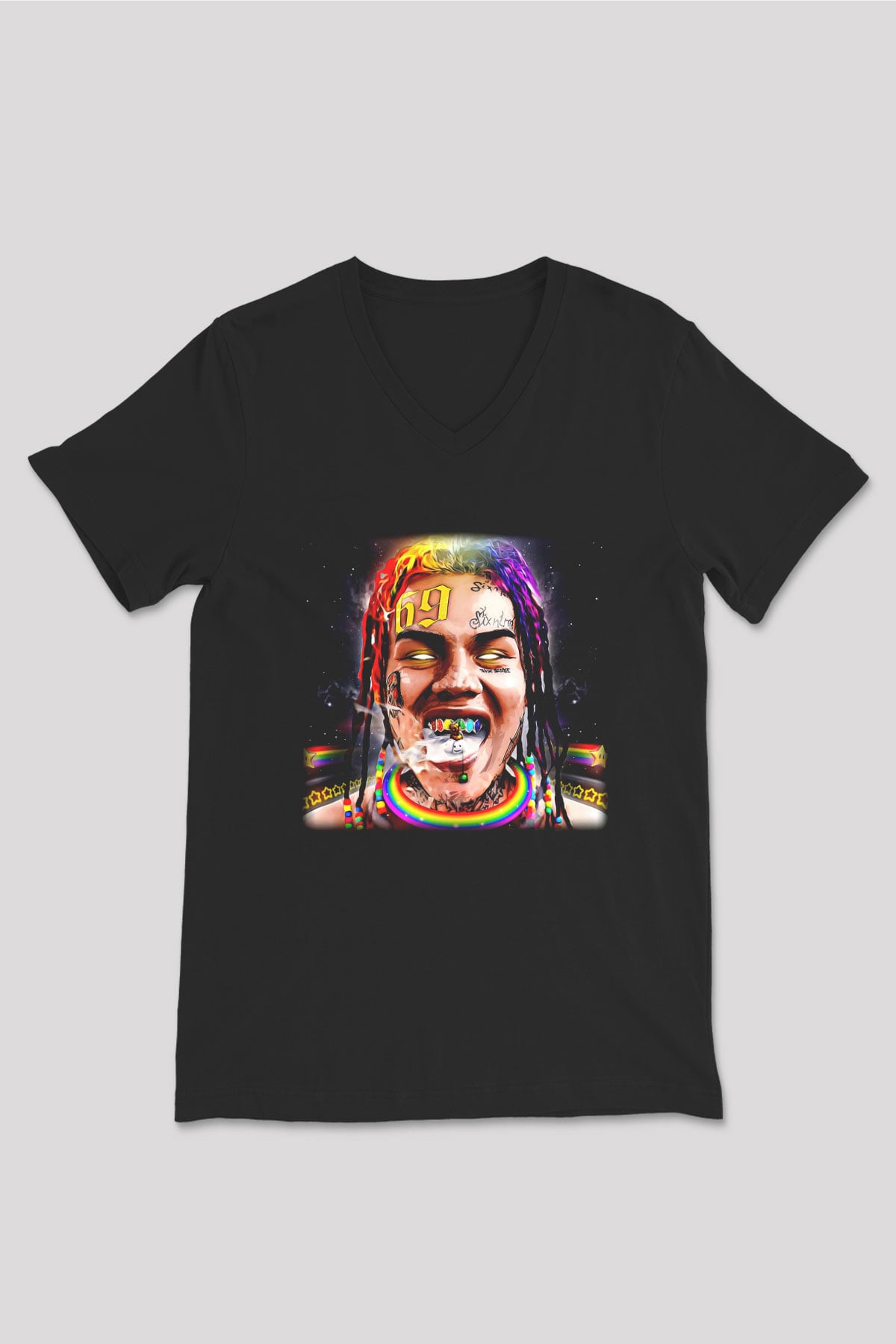 6ix9ine Baskılı Unisex Siyah V Yaka Tişört - Tshirt