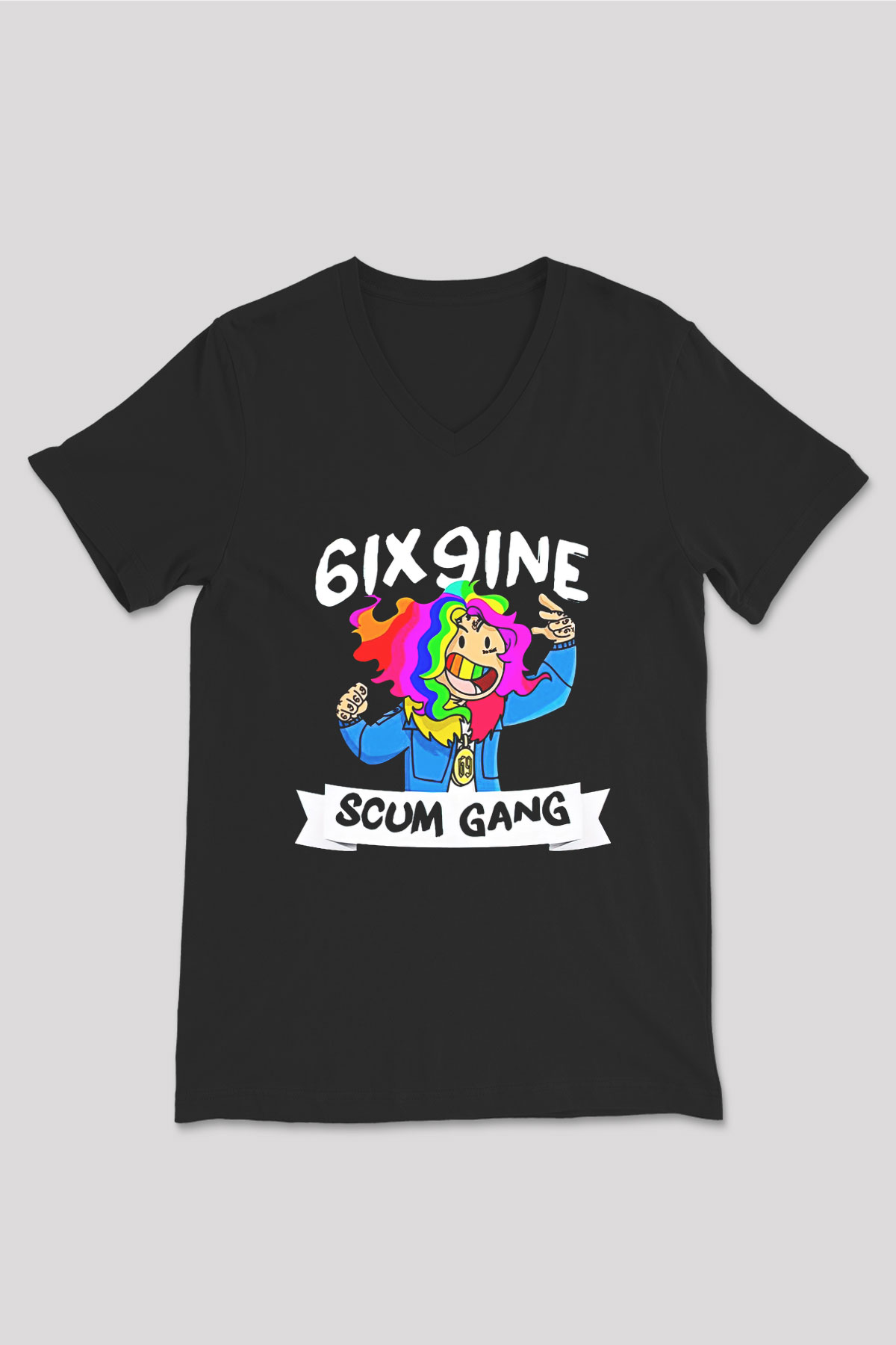 6ix9ine Baskılı Unisex Siyah V Yaka Tişört - Tshirt