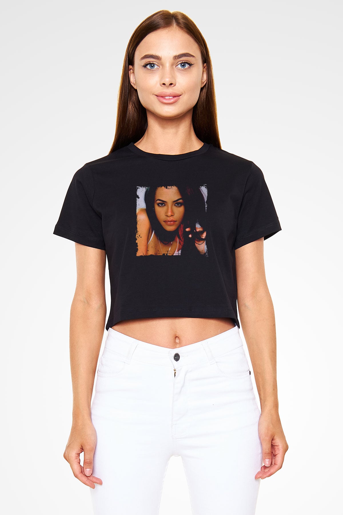 Aaliyah Baskılı Crop Top Siyah Kadın Tişört