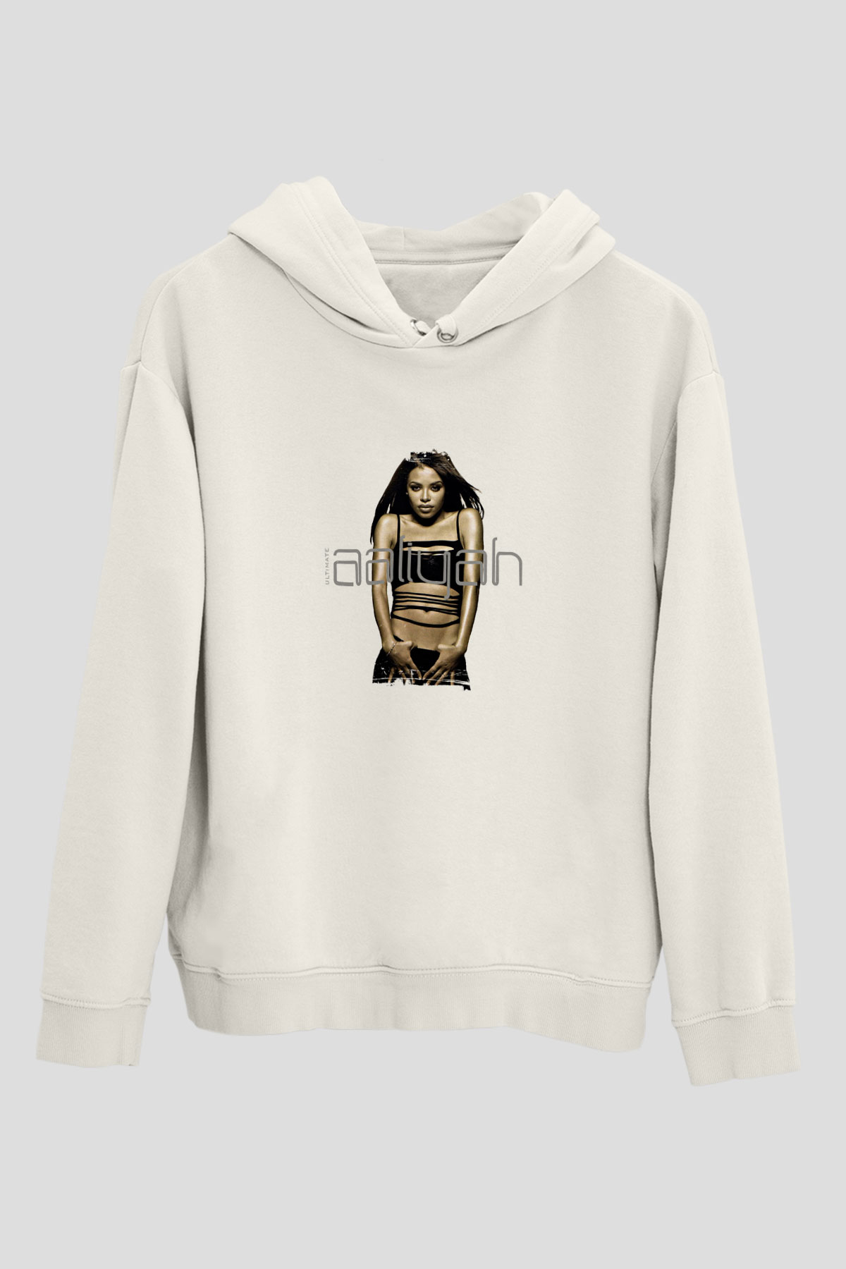 Aaliyah Baskılı Unisex Beyaz Kapüşonlu Sweatshirt
