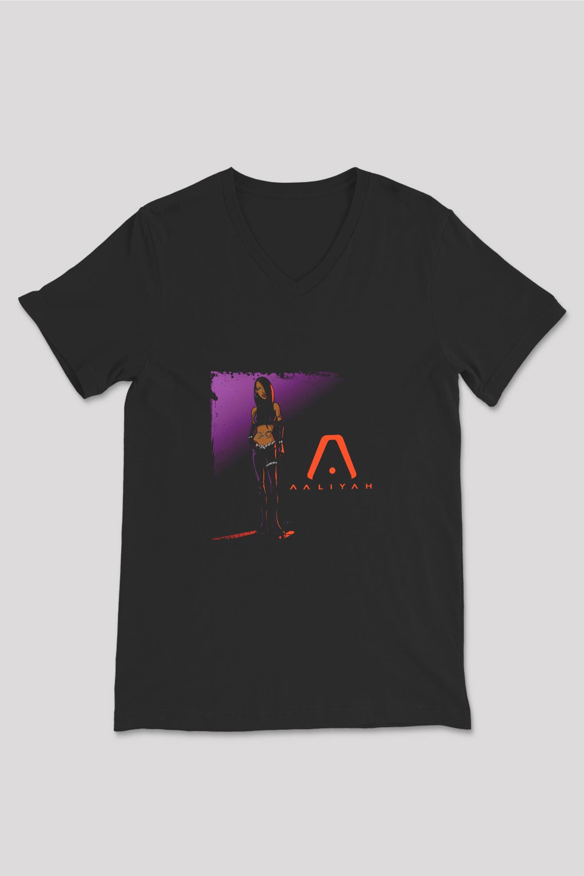 Aaliyah Baskılı Unisex Siyah V Yaka Tişört